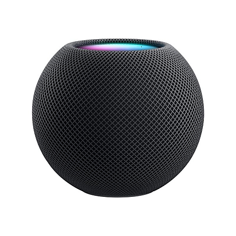 Runder, schwarzer Smart Speaker mit gewebter Oberfläche und farbigem Licht oben.