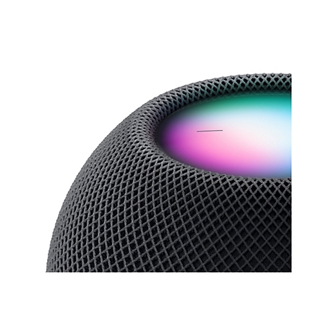 Nahaufnahme der Oberseite eines grauen Smart-Speakers mit leuchtendem, buntem Farbverlauf-Display.