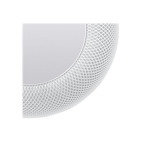 Nahaufnahme der gewebten Stoffoberfläche eines weißen Smart Speakers mit glatter runder Oberseite.