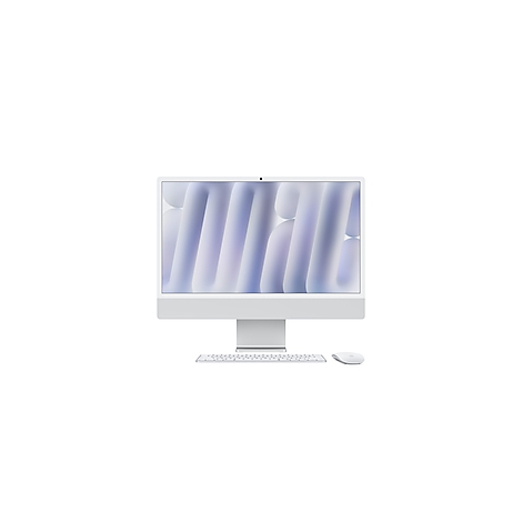 Weißer iMac mit Tastatur und Maus. Bildschirm zeigt abstrakte, helle Muster.