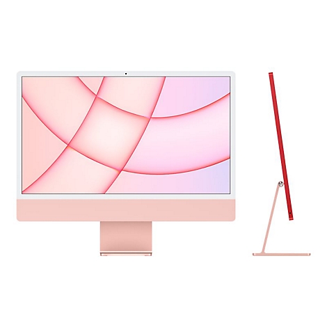 Hellrosa Apple iMac, Seite an Seite und von der Seite fotografiert, vor weißem Hintergrund. Der Bildschirm zeigt abstrakte, farbige Formen.