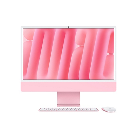 Ein rosa iMac-Computer mit Tastatur und Maus. Der Bildschirm zeigt ein abstraktes rosa Muster. Auf weißem Hintergrund.