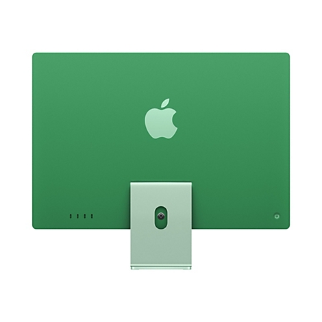 Rückseite eines grünen iMacs. Das Apple-Logo ist mittig platziert. Darunter befindet sich ein silberner Standfuß.
