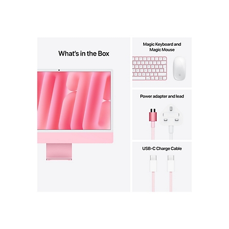 Die Abbildung zeigt einen rosa iMac mit Zubehör. Enthalten sind ein Magic Keyboard, eine Magic Mouse, ein Netzteil und ein USB-C-Ladekabel.