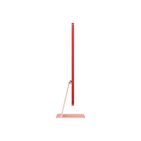 Roter iMac-Computer im Profil, mit rosafarbenem Standfuß auf weißem Hintergrund.