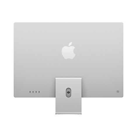 Rückseite eines silbernen iMacs mit Apple-Logo; darunter ein Standfuß mit Anschlüssen und Ein-/Ausschalter.