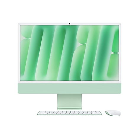 Ein grüner iMac-Computer mit weißer Tastatur und Maus auf weißem Hintergrund. Der Bildschirm zeigt ein grünes abstraktes Muster.