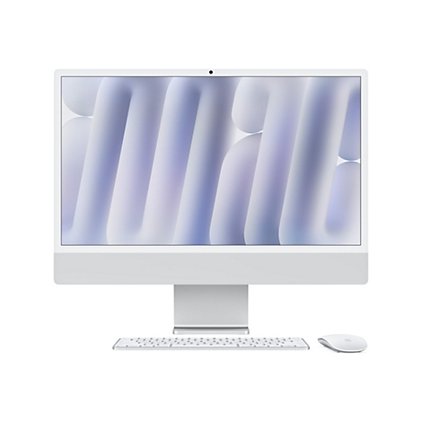 Ein silberner iMac Computer mit drahtloser Tastatur und Maus. Der Bildschirm zeigt ein abstraktes, weiß-blaues Muster.