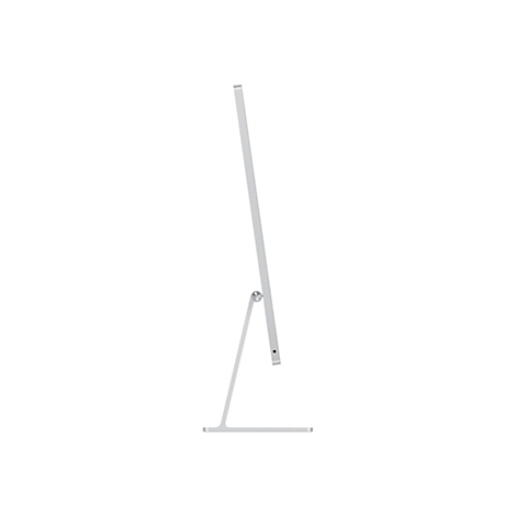 Seitenansicht eines silbernen iMac-Computers. Der Bildschirm steht auf einem schmalen Standfuß. Die Rückseite hat ein kleines Loch.