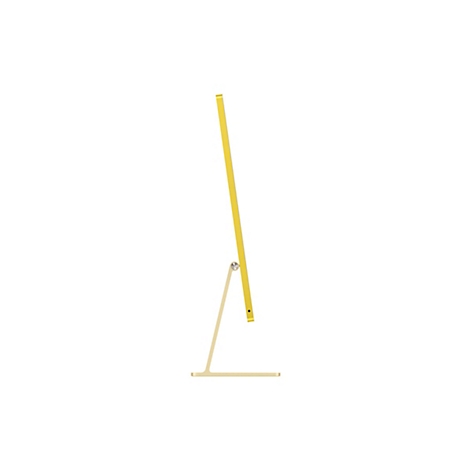 Gelbes iMac-Gerät im Profil, das auf einer goldenen Basis steht.