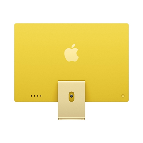 Gelber iMac mit Apple-Logo, Rückansicht. Standfuß und Ein-/Ausschalter sind sichtbar.