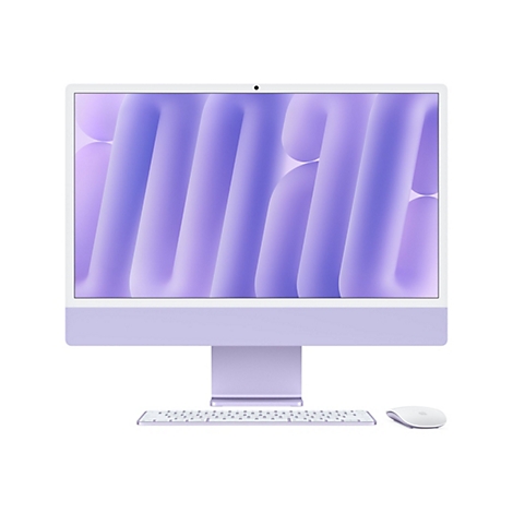 Helllila iMac mit passender Tastatur und Maus. Der Bildschirm zeigt ein lila Muster. Alles vor weißem Hintergrund.