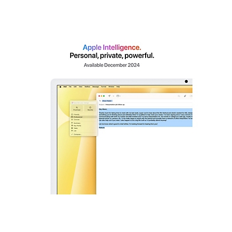 Screenshot eines Apple-Geräts, das eine E-Mail mit dem Betreff „Interpretation Job Follow-up“ anzeigt. Der Text oben lautet „Apple Intelligence. Persönlich, privat, leistungsstark. Verfügbar Dezember 2024.“