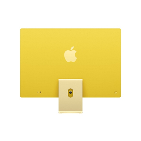 Gelber iMac, Rückseite: Apple-Logo, Standfuß, Einschaltknopf, Anschlüsse.