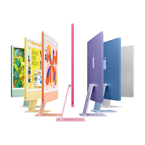 Verschiedene farbige iMac-Geräte, von der Seite und dem Bildschirm aus gesehen.