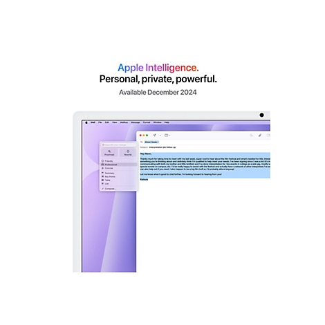 Screenshot eines Apple-Geräts mit einer E-Mail-Ansicht. Der Text zeigt 'Apple Intelligence' und beschreibt Funktionen.