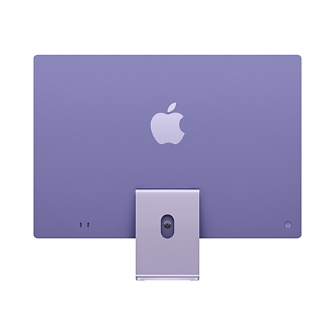 Rückseite eines lila iMac mit Apple-Logo und Standfuß. Unten zwei Anschlüsse, daneben ein Power-Button.