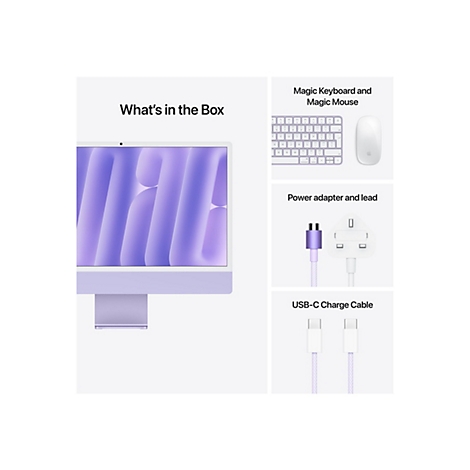 Ein Bild zeigt einen lila iMac mit Magic Keyboard und Mouse, einem Netzteil und einem USB-C-Ladekabel.
