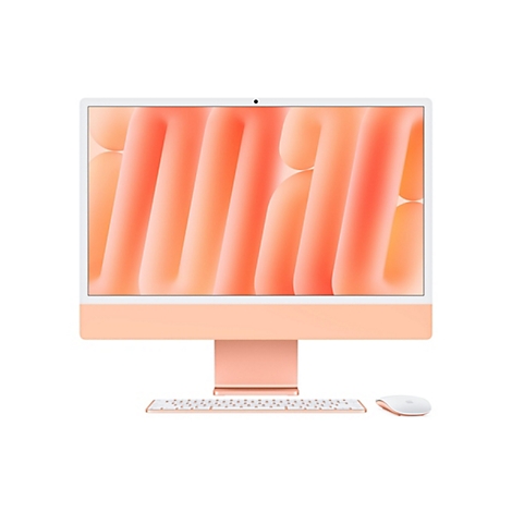 Hellorangefarbener iMac vor weißem Hintergrund, darunter eine Tastatur und eine Maus.