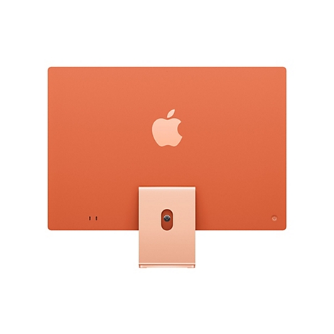 Ansicht des Apple iMacs in Orange, Rückseite. Apple-Logo, Power-Knopf und Anschlüsse zu sehen.