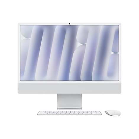 Weißer iMac mit Tastatur und Maus, weißer Hintergrund. Auf dem Bildschirm ist ein abstraktes, verschwommenes Muster zu sehen.