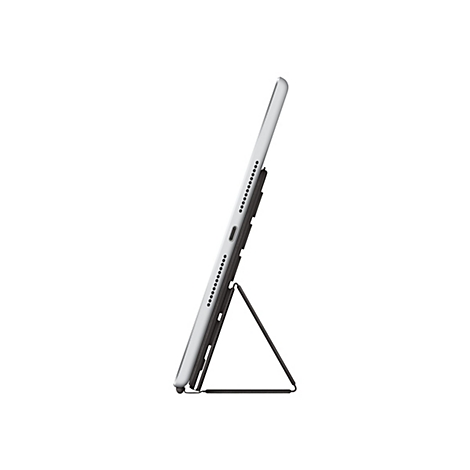 Une tablette grise posée dans un support noir. Il est représenté de côté, l'écran est incliné vers le haut.