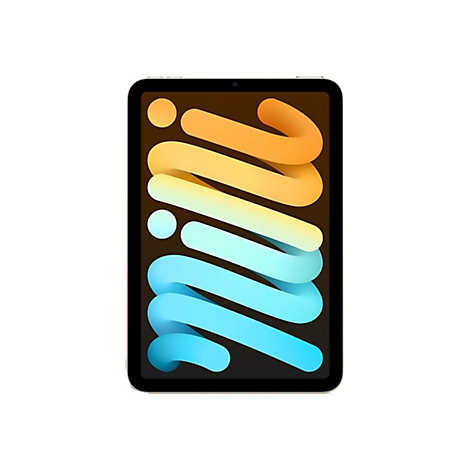 Ein schwarzes Tablet vor weiÃŸem Hintergrund. Auf dem Display dynamische, farbige Wellen in Orange, Gelb und Blau.