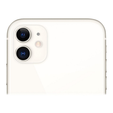 Nahaufnahme des weißen Kameramoduls eines iPhones mit zwei Linsen, einer kleinen Linse und einem Blitz.