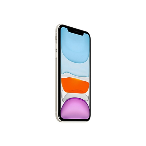 Ein graues iPhone in 3/4-Perspektive mit farbenfrohen Hintergrund-Design. Auf weißem Grund.