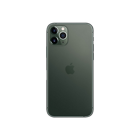 Rückseite eines dunkelgrünen iPhones mit drei Kameras, dem Apple-Logo und einem weißen Hintergrund.