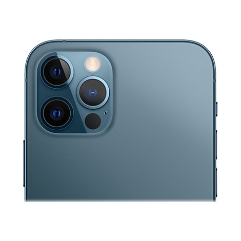 Nahaufnahme der Rückseite eines blauen Smartphones mit drei Kameras und einem Blitz.