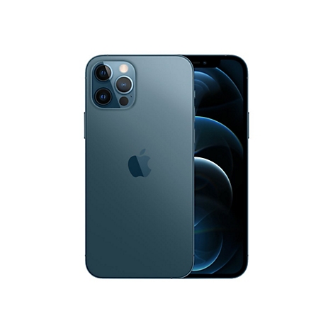 Blaues Apple iPhone, Rückseite und Bildschirm, weiße Hintergrund. Mehrfachkamera. Apple-Logo.