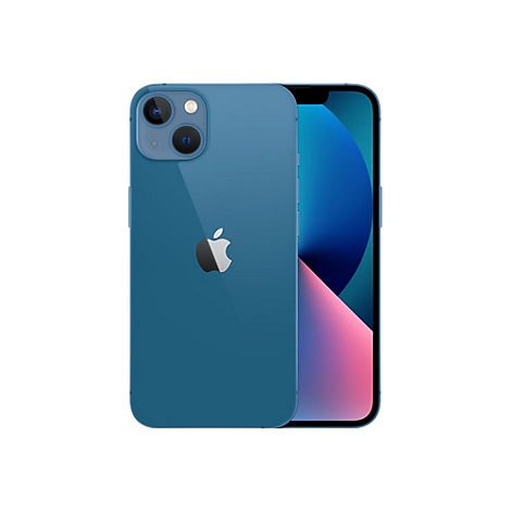 Blaues Smartphone, Rückseite mit Apple-Logo, zwei Kameras, Bildschirm mit Farbverlauf.