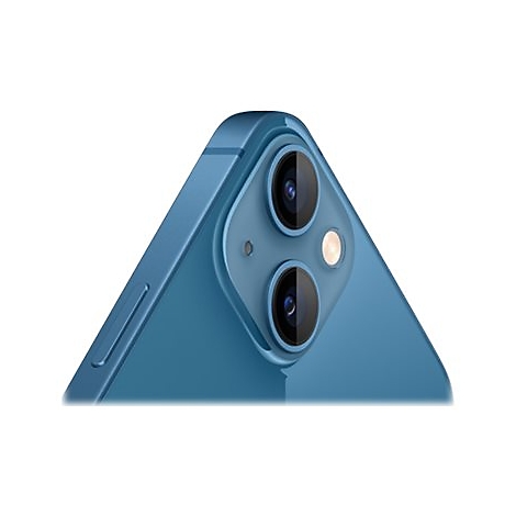 Nahaufnahme der Rückseite eines blauen iPhones. Zwei Kameras, ein Blitz, weißer Hintergrund.