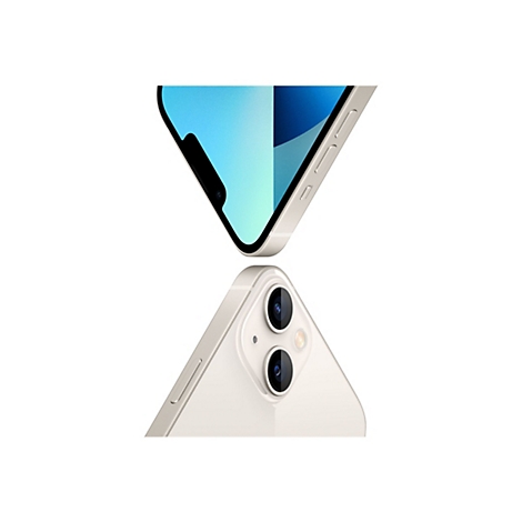 Nahaufnahme eines weißen iPhones. Obere Hälfte: Display mit blauem Hintergrund und schwarzer Notch. Untere Hälfte: Rückseite mit zwei Kameras.