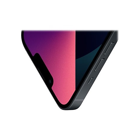 Nahaufnahme eines schwarzen Smartphones, das von oben in einem Winkel aufgenommen wurde. Bildschirm mit Farbverlauf von Rosa zu Lila.