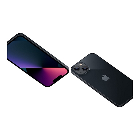 Zwei schwarze iPhones, eines mit Bildschirm, das andere mit Rückseite und Apple-Logo, vor weißem Hintergrund.