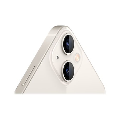 Nahaufnahme der Rückseite eines elfenbeinfarbenen Smartphones mit zwei Objektiven und einem Mikrofon.