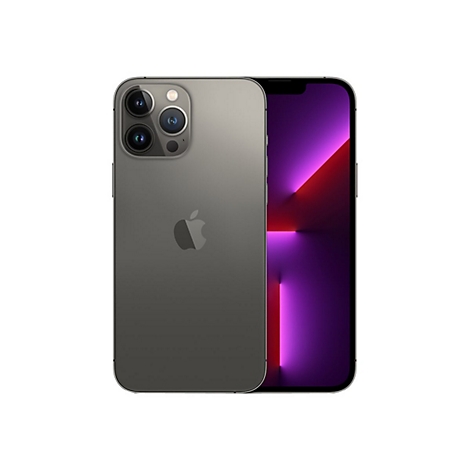 Dunkelgraues iPhone 13 Pro von Apple. Rückseite mit Kameras, Apple-Logo. Display leuchtet pink/rot.