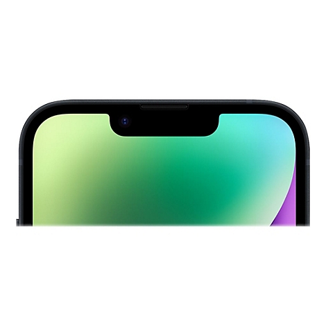 Nahaufnahme eines schwarzen Smartphones mit grün-blauem Bildschirm vor weißem Hintergrund. Obere Kamera und Sensor erkennbar.
