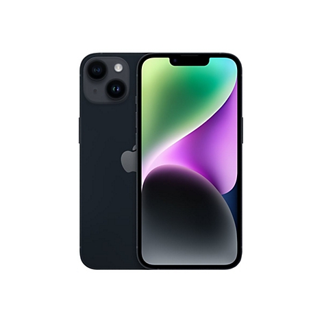 Dunkelblaues iPhone 14 mit zwei Kameras auf der Rückseite und ausgeschaltetem Bildschirm. Apple Logo auf dem Gehäuse.