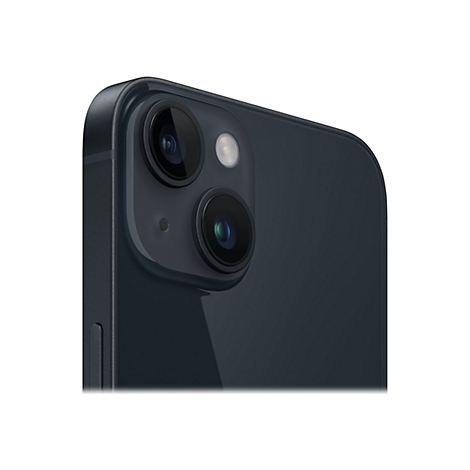 Nahaufnahme der Rückseite eines schwarzen Smartphones mit zwei Objektiven und einem Blitz.