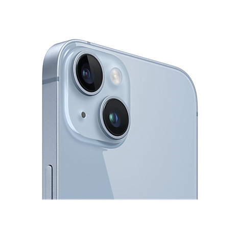 Nahaufnahme eines hellblauen Smartphones, Fokus auf die Kameramodule. Zwei schwarze Linsen, eine danebenliegende Blitzleuchte.