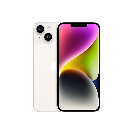 Hellweißes iPhone 14, Vorder- und Rückseite, auf weißem Hintergrund. Auf dem Display bunte abstrakte Formen.