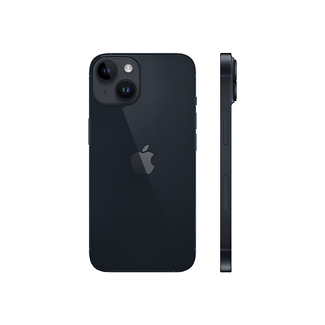 Dunkelblaues Smartphone, Rückseite und Seite, mit Apple-Logo und Kamera.