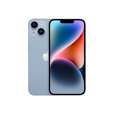 Hellblaues iPhone 14 Pro, Vorder- und Rückseite, auf weißem Hintergrund. Auf dem Display ist ein abstraktes farbenfrohes Design zu sehen.