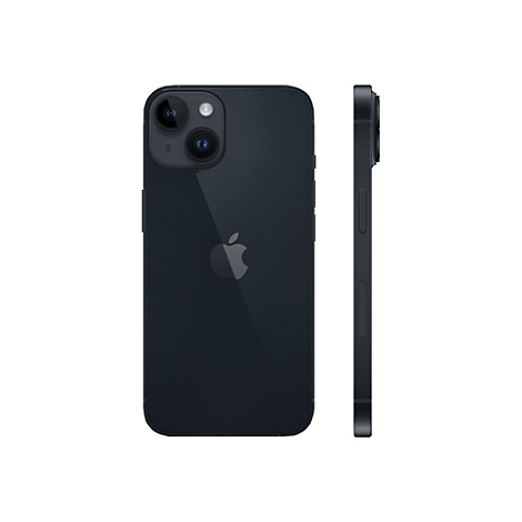 Dunkelblaues iPhone von hinten und der Seite. Doppelkameralinsen, Apple Logo, Knöpfe.