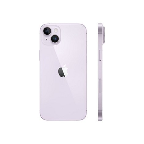 Ein lila iPhone, Vorder- und Seitenansicht, auf weißem Hintergrund.