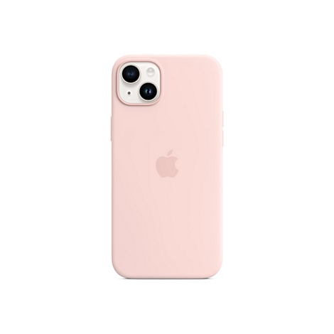 Coque d'iPhone rose clair avec logo Apple sur fond blanc.