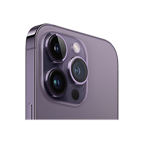 Nahaufnahme der Rückseite eines violetten Smartphones. Drei Kameralinsen und ein Blitz sind deutlich sichtbar.